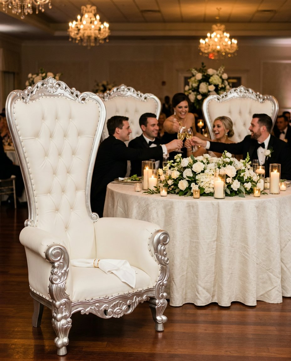 Chaise de trône blanche et argent en location pour réception privée