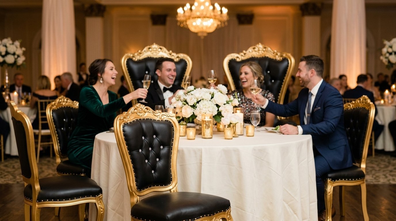 Chaise de trône noire et or pour les mariés