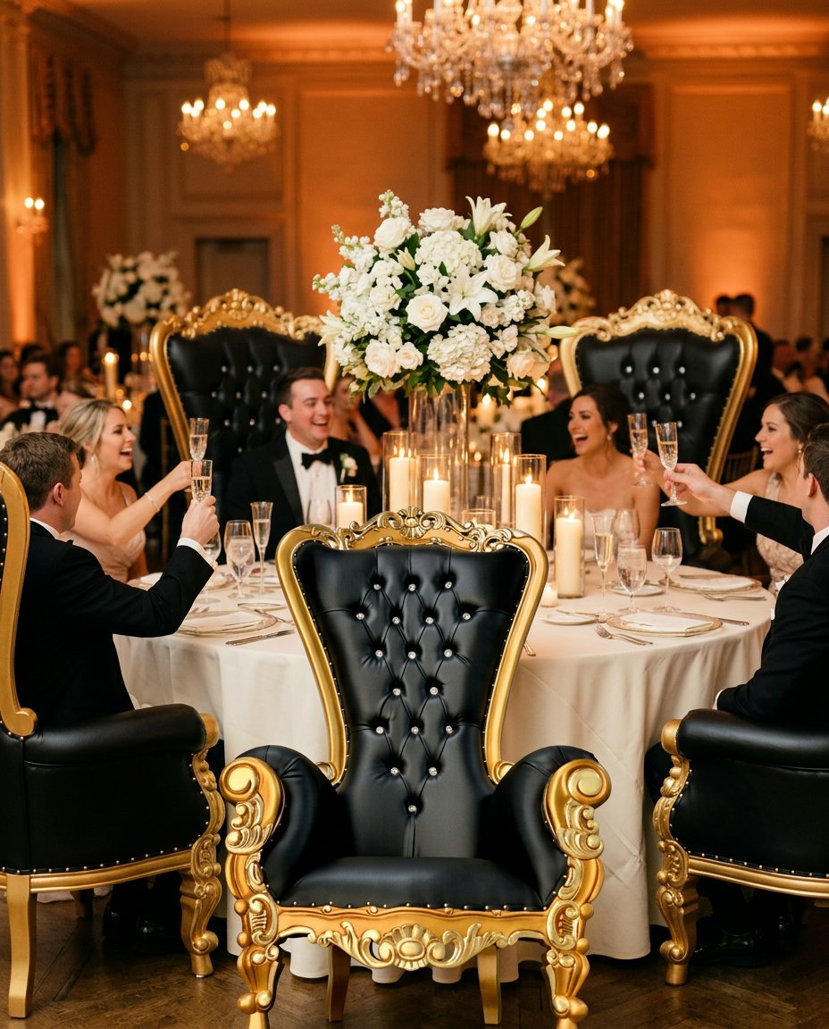 Chaise de trône noire et or en location pour réception privée