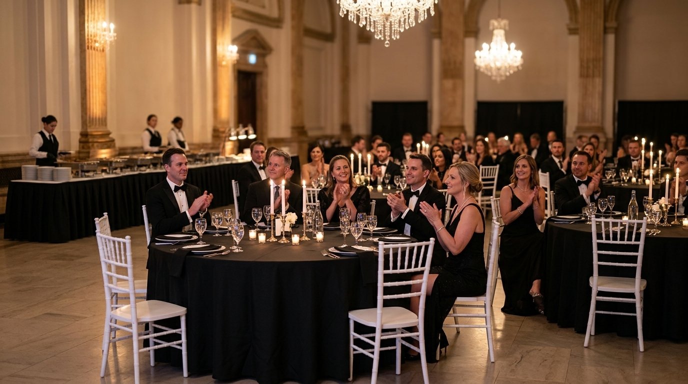 Gala corporatif : tables rondes nappées de noir et chaises Chiavari blanches d'Évenox