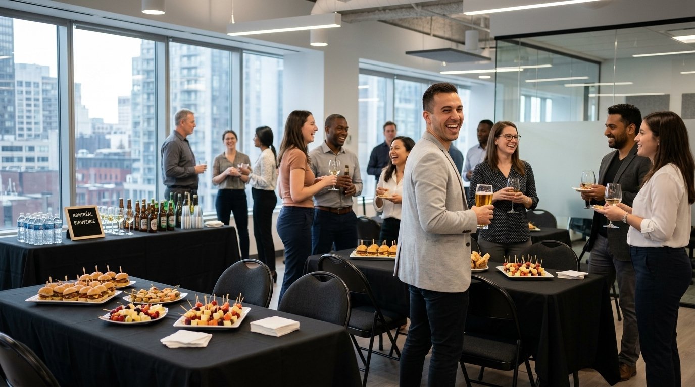 Tables hautes nappées de noir pour un cocktail d'entreprise