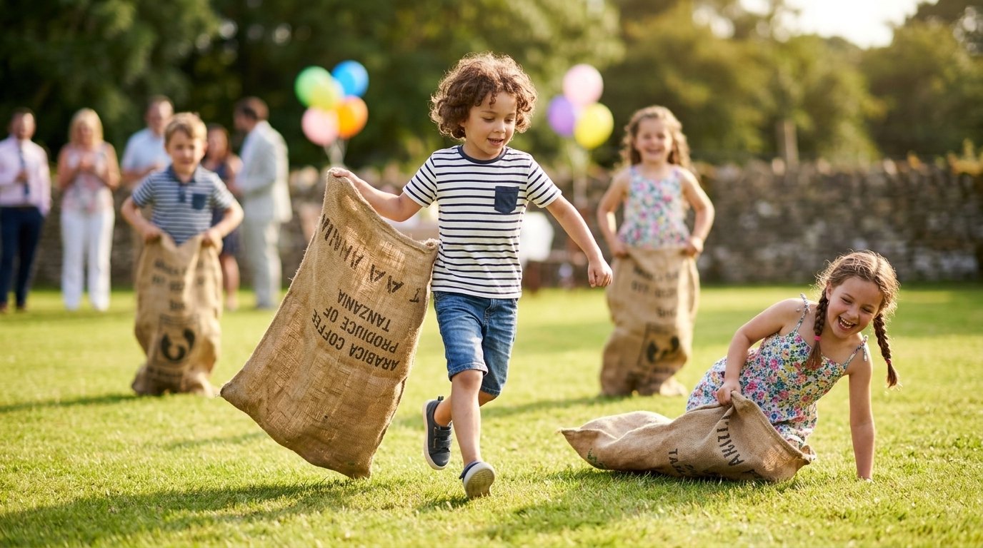 Sacs de course, enfants qui sautent en ligne