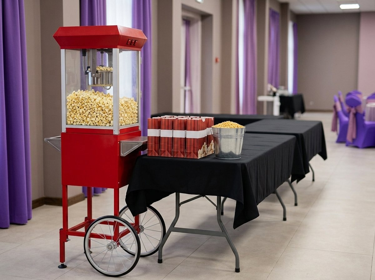 Illustration du Forfait Clé en Main Popcorn (100 personnes) realisee par ordinateur a partir des photos de notre materiel. Ce n est pas une photo prise a notre entrepot.