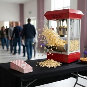 Illustration du Forfait Clé en Main Popcorn (50 personnes) realisee par ordinateur a partir des photos de notre materiel. Ce n est pas une photo prise a notre entrepot.