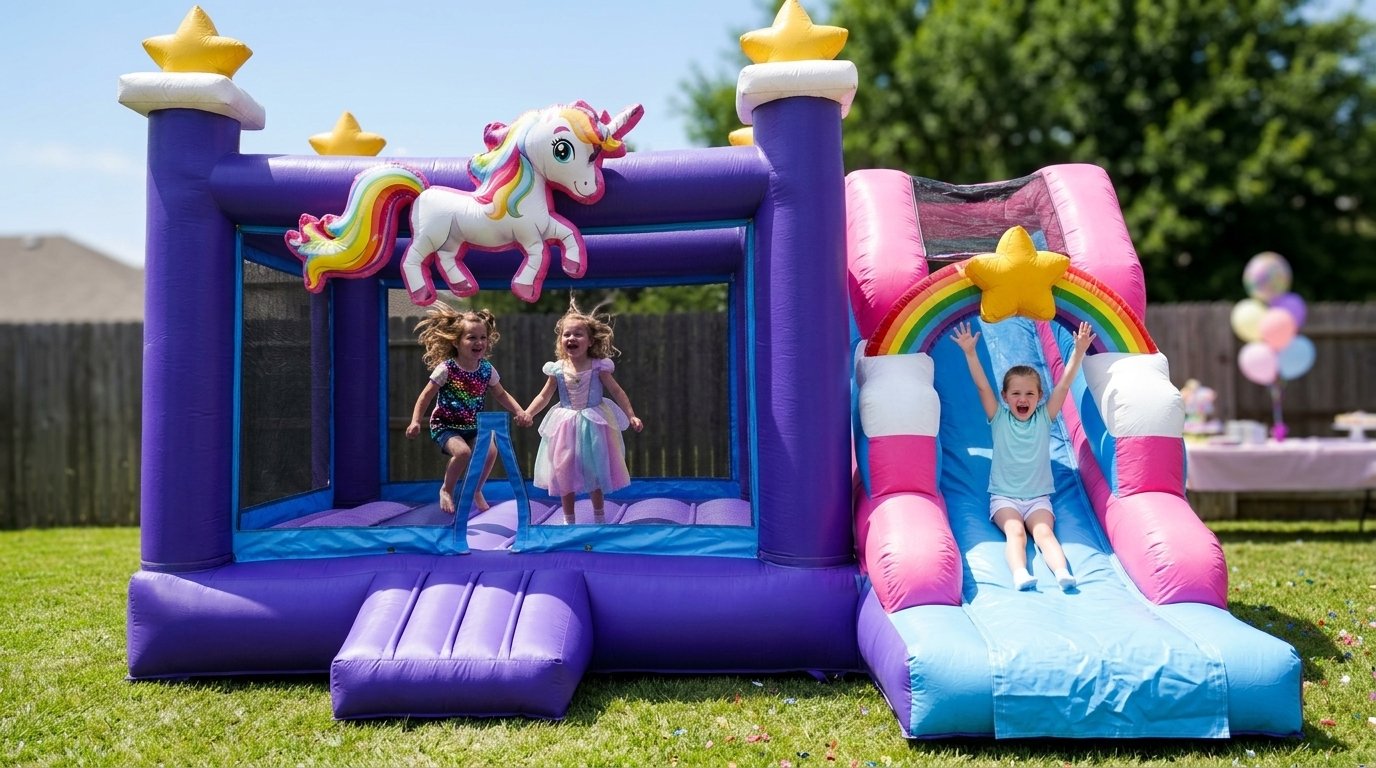 Jeu gonflable à thème licorne pour fête d'enfants