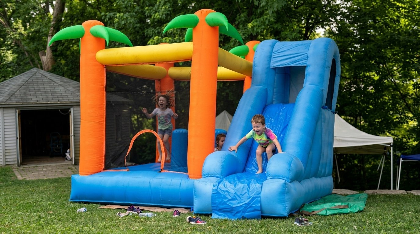 Jeu gonflable tropical avec glissade, en cour arrière