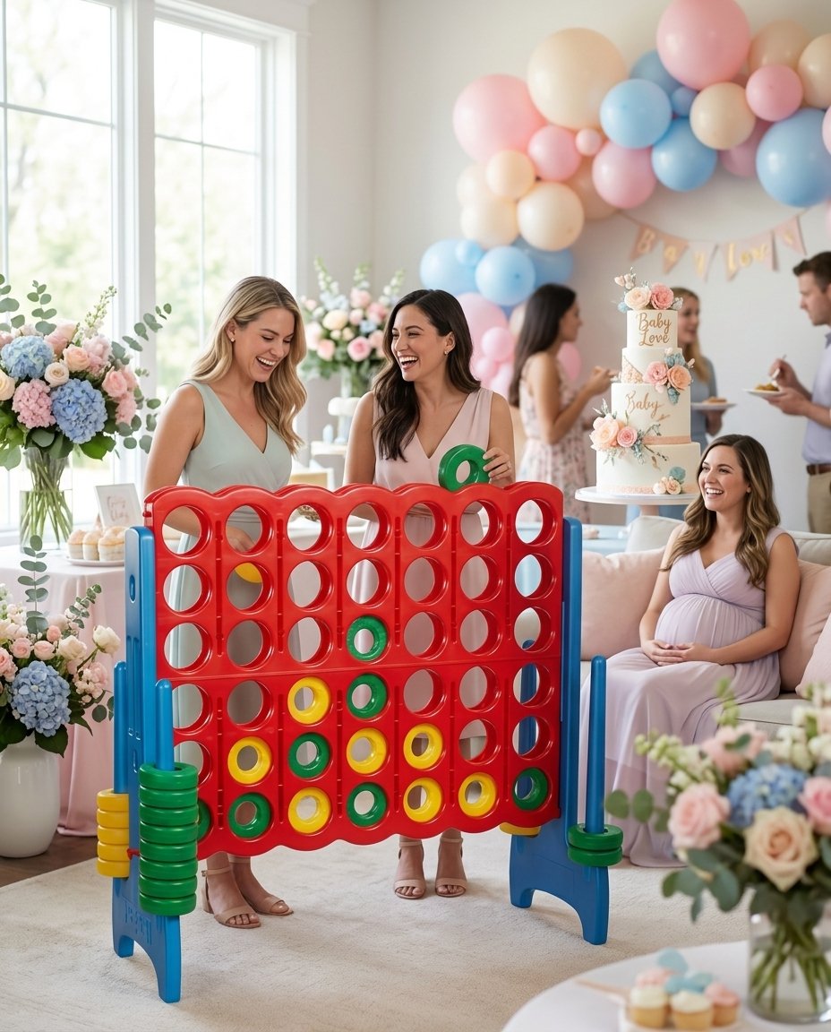 Puissance 4 géant, décor pastel de baby shower