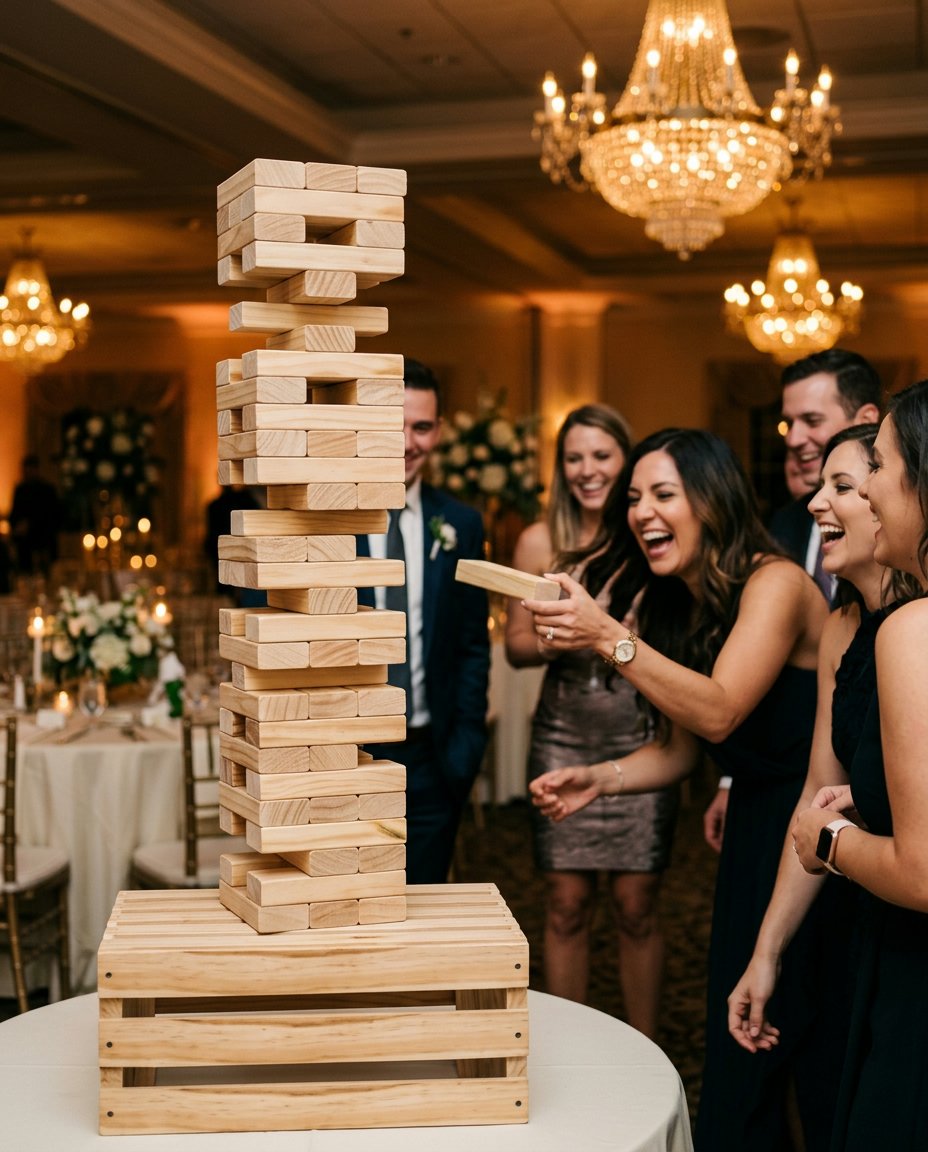 Jenga géant dans une salle de réception de mariage