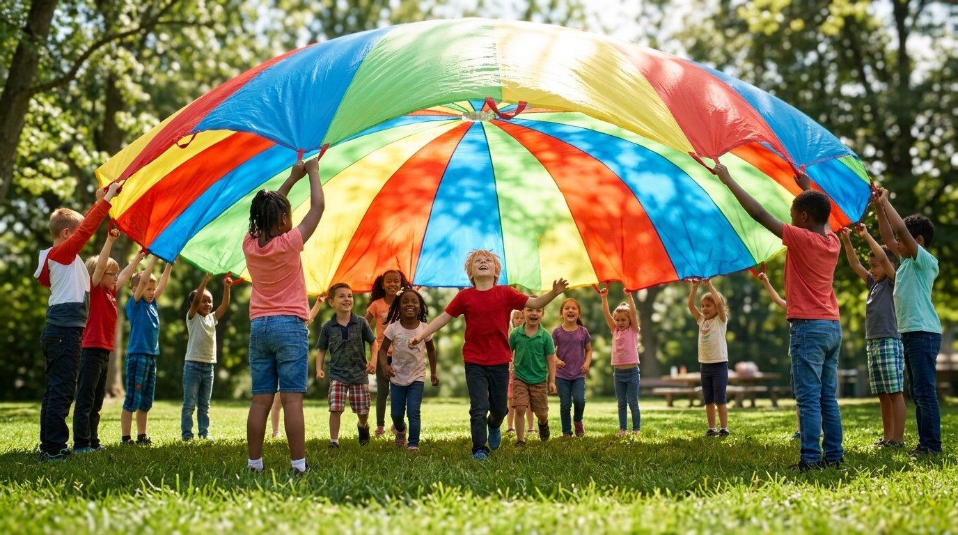 Parachute de jeu, cercle d'enfants sur une pelouse