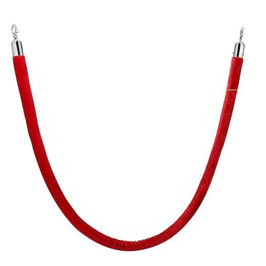 Cordon de velours rouge a mousquetons, presente en U, avec sa longueur de 8 pieds indiquee sur l'image