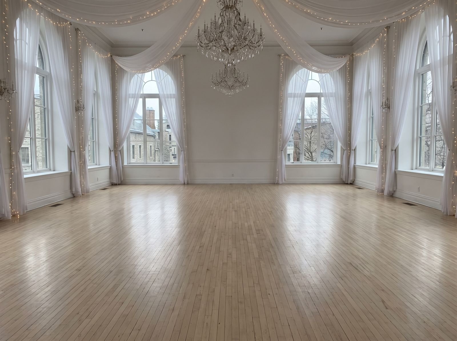 Salle de réception lumineuse et vide, prête pour le montage des tables et chaises