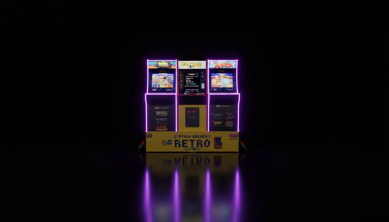 Trois bornes d'arcade Évenox illuminées, comme dans le forfait Zone Arcade