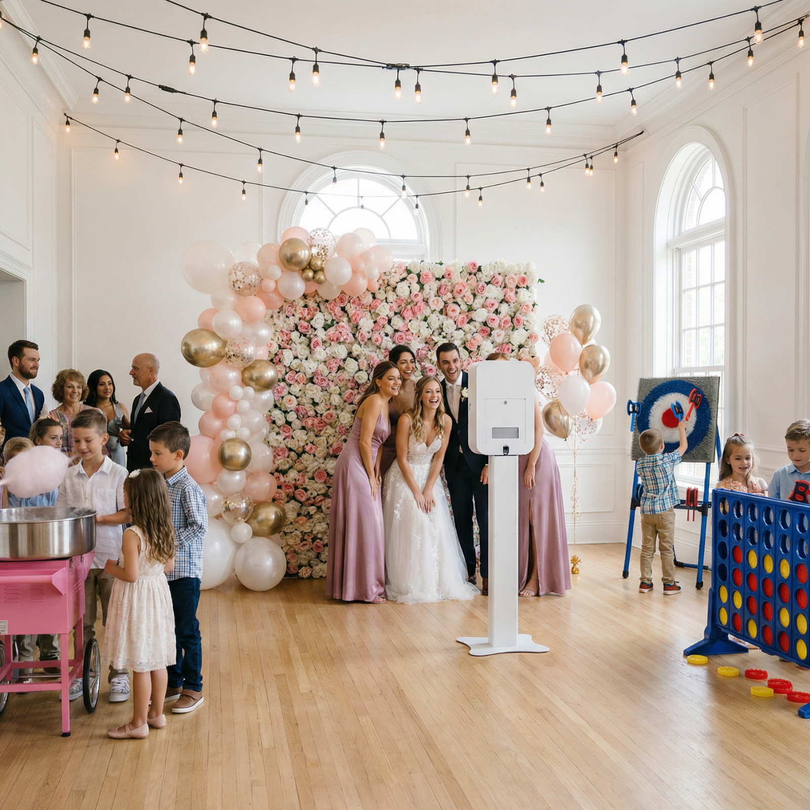 Grande salle claire&nbsp;: cabine photo devant un mur de fleurs, guirlande de ballons, machine &agrave; barbe &agrave; papa et jeux g&eacute;ants