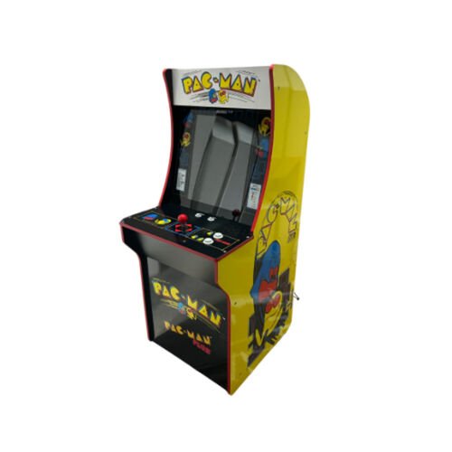 Borne d'arcade verticale jaune et rouge aux couleurs de PAC-MAN, un joystick et des boutons sur le panneau de commande