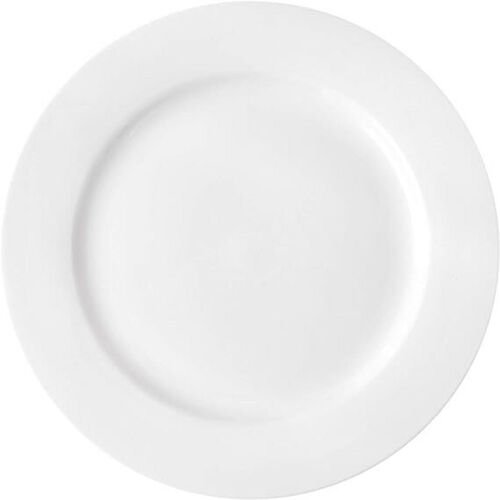 Assiette plate blanche a large marli, vue de dessus sur fond blanc