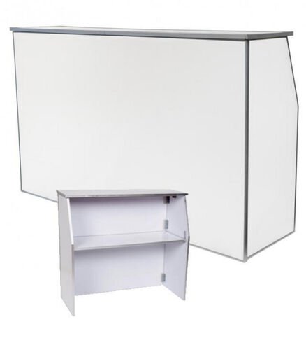 Bar portatif blanc a dessus gris, vu monte de face et, au premier plan, deplie de dos avec sa tablette interieure