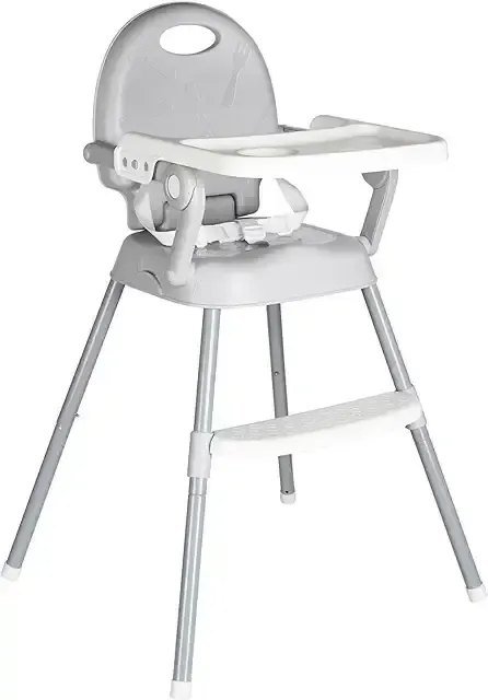 Chaise haute pour b&eacute;b&eacute; grise &agrave; plateau amovible, harnais de s&eacute;curit&eacute; et repose-pieds, sur quatre pattes de m&eacute;tal