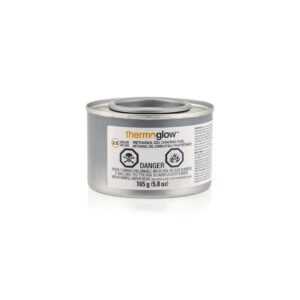 Bo&icirc;te de m&eacute;tal grise de combustible Thermoglow, gel de m&eacute;thanol 2,5 heures, &eacute;tiquette blanche marqu&eacute;e DANGER et 165 g