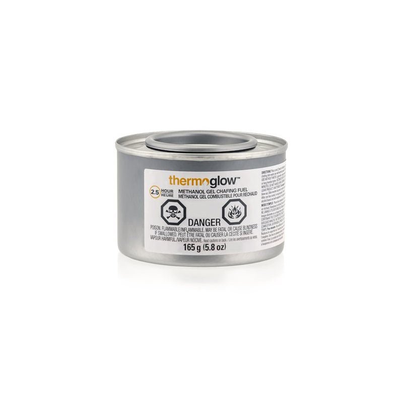 Bo&icirc;te de m&eacute;tal grise de combustible Thermoglow, gel de m&eacute;thanol 2,5 heures, &eacute;tiquette blanche marqu&eacute;e DANGER et 165 g
