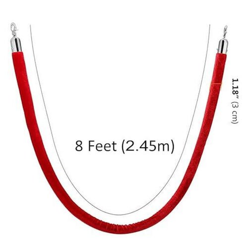 Cordon de velours rouge a mousquetons, presente en U, avec sa longueur de 8 pieds indiquee sur l'image