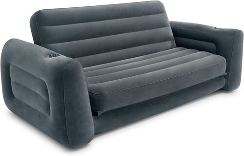 Divan gonflable gris a fini velours, deux larges accoudoirs dont l'un porte un porte-gobelet moule