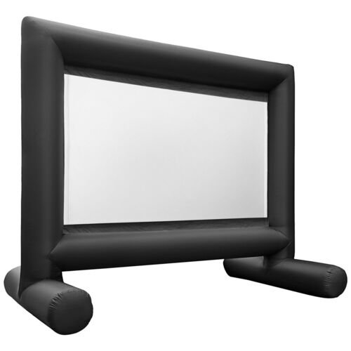 Ecran de projection gonflable : cadre noir gonfle encadrant une toile blanche, pose sur deux boudins gonflables