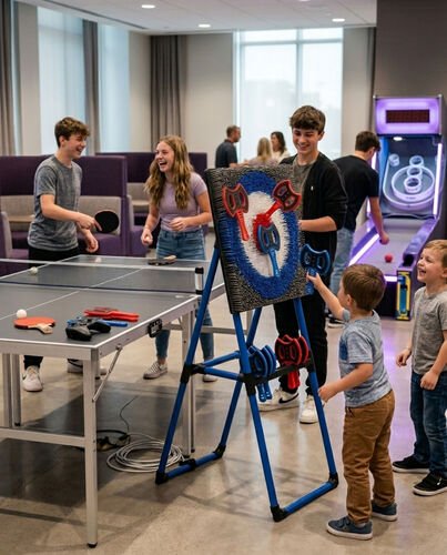 Des adolescents et des enfants jouent au ping-pong et à un jeu de lancer à cible dans une salle commune, un skeeball au fond