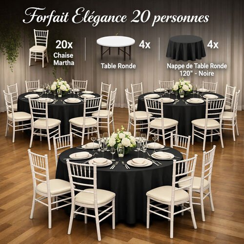 Visuel du forfait Élégance : trois tables rondes nappees de noir, entourées de chaises Martha blanches, avec le détail des quantités inscrit en haut de l'image