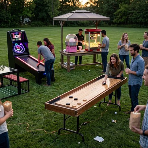 Jeux installés sur une pelouse au crépuscule : skeeball lumineux, jeu de palets de table, machines à popcorn et à barbe à papa sous un parasol
