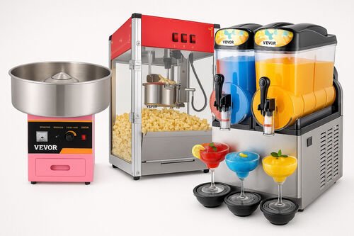 Les trois machines du forfait c&ocirc;te &agrave; c&ocirc;te&nbsp;: barbe &agrave; papa rose, popcorn rouge et slush &agrave; deux cuves, avec trois verres de granit&eacute; devant