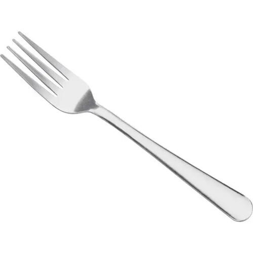 Fourchette de table en acier inoxydable poli, quatre dents, vue en diagonale sur fond blanc