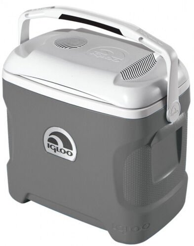 Glaciere electrique Igloo grise a couvercle blanc, grilles d'aeration sur le dessus et poignee rabattable