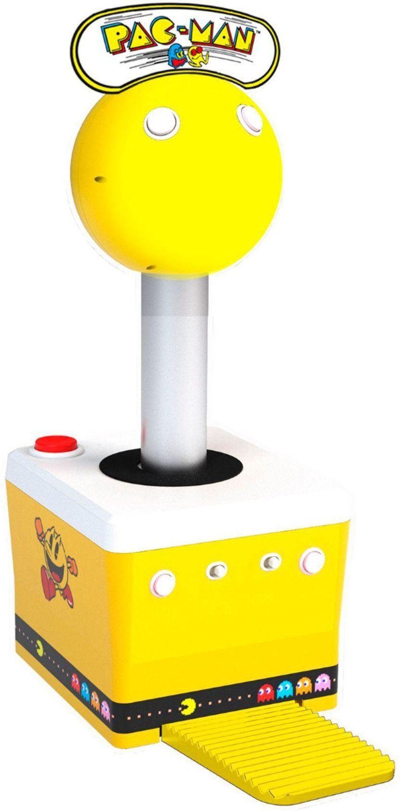 Manette Pac-Man geante autoportante : socle jaune et blanc a quatre boutons, long manche surmonte d'une boule jaune, pedale d'appui a l'avant