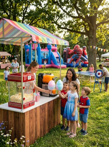 Comptoir de f&ecirc;te sous un auvent ray&eacute;&nbsp;: machine &agrave; popcorn, machine &agrave; slush et barbe &agrave; papa, deux jeux gonflables dans le fond de la cour