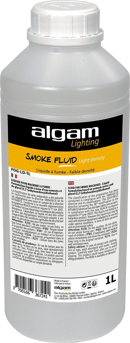 Bouteille de un litre de liquide &agrave; fum&eacute;e Algam Lighting, &eacute;tiquette orange marqu&eacute;e SMOKE FLUID Light density
