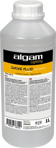 Bouteille de un litre de liquide à fumée Algam Lighting, étiquette orange marquée SMOKE FLUID Light density
