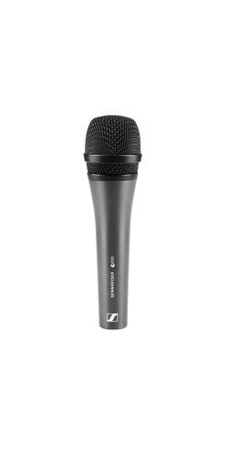Microphone à main Sennheiser gris anthracite, grille noire, vu debout sur fond blanc
