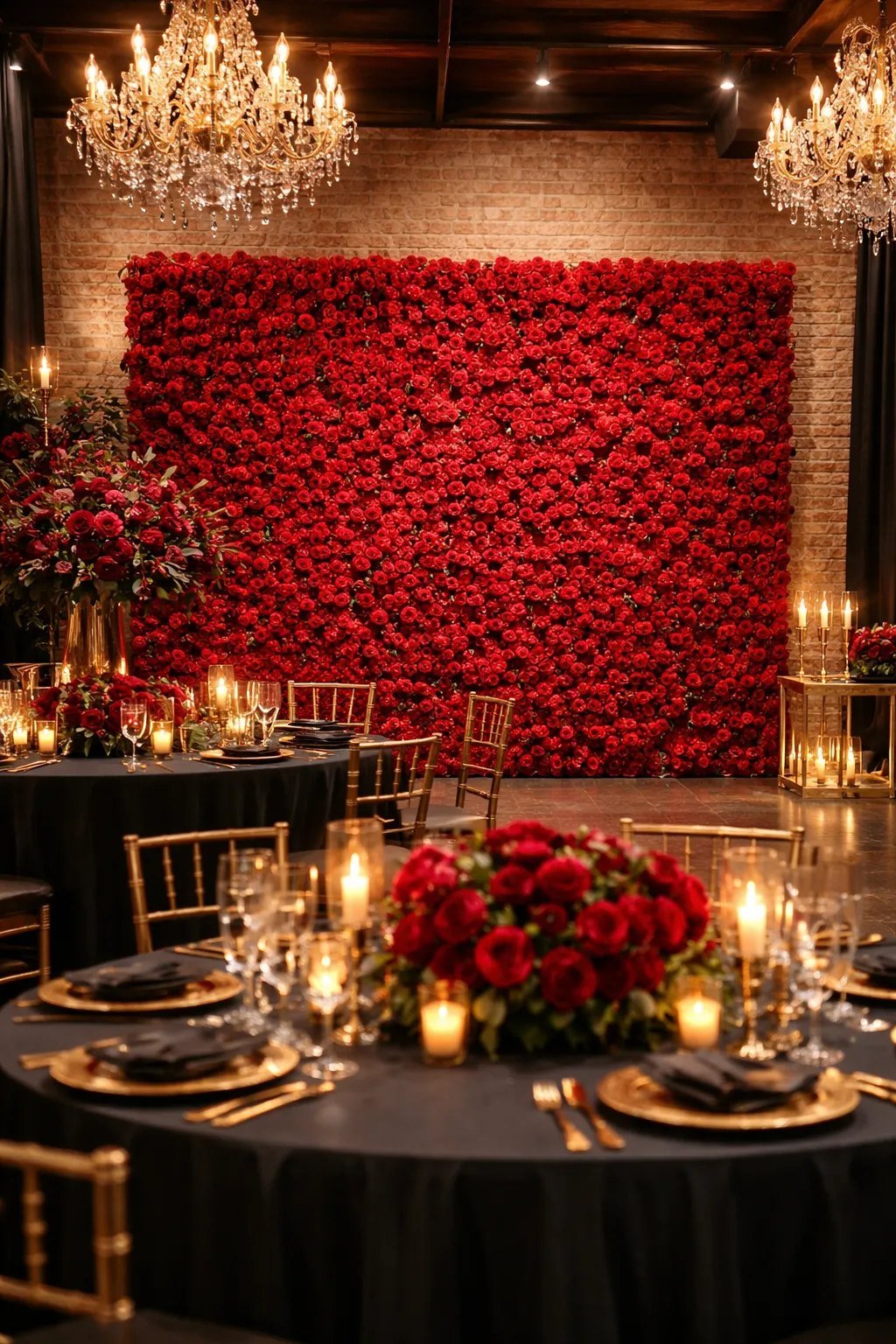 Mur de roses rouges dresse contre un mur de brique, dans une salle dressee avec tables noires, chaises dorees et lustres de cristal