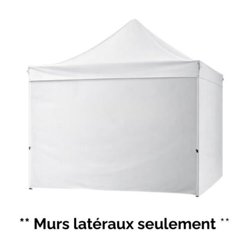 Chapiteau pop-up blanc habille de ses parois laterales sur trois cotes ; l'image du catalogue porte la mention « Murs lateraux seulement »