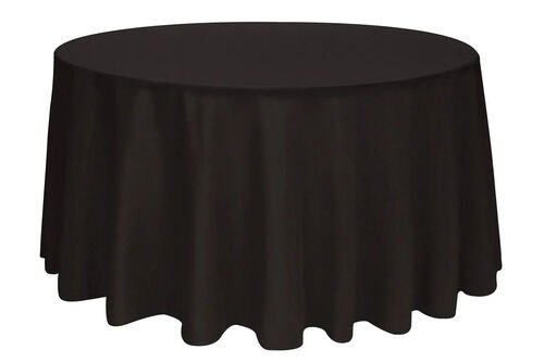 Nappe ronde noire drapee sur une table ronde, tombant jusqu'au sol en plis reguliers
