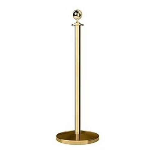 Un poteau de file d'attente dore a boule, sur socle rond plat, sur fond blanc