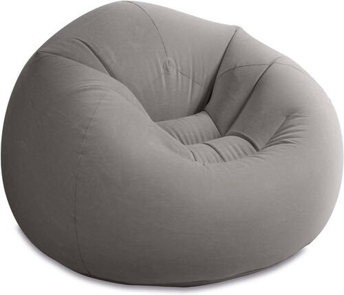 Fauteuil poire gonflable gris a dossier arrondi et assise creusee, sur fond blanc