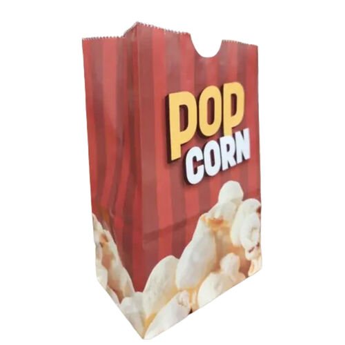 Sac de papier &agrave; rayures rouges et blanches marqu&eacute; POP CORN, illustr&eacute; de ma&iuml;s souffl&eacute;