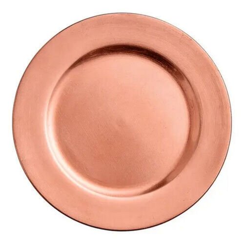 Sous-assiette ronde au fini rose cuivre brosse, large marli, vue de dessus