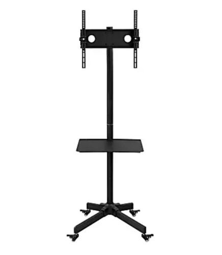 Support a television noir sur pied : colonne centrale, tablette intermediaire, base a quatre branches sur roulettes, et plaque de fixation d'ecran en haut