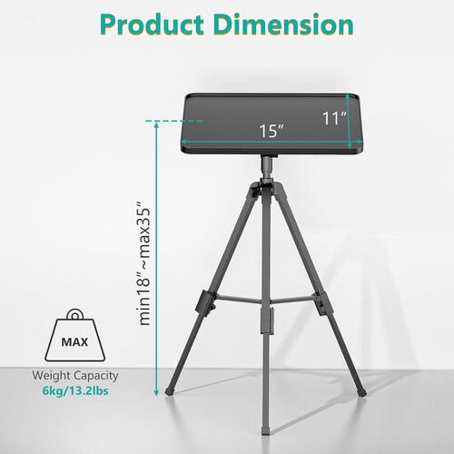Schema de dimensions du fabricant : trepied a plateau de 15 pouces sur 11, hauteur reglable de 18 a 35 pouces, charge maximale de 6 kg