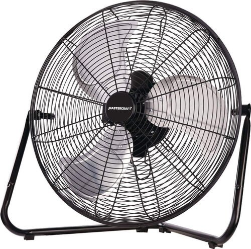 Ventilateur de plancher noir à grille métallique, inclinable sur un cadre tubulaire