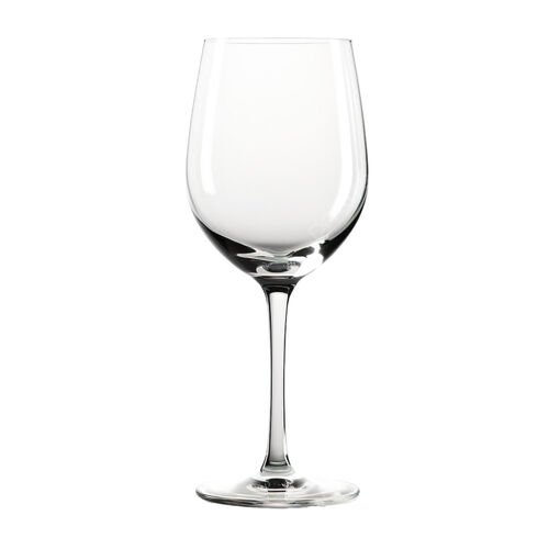 Verre a vin en verre transparent, calice ovale sur pied elance, sur fond blanc